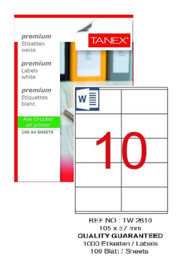 Bilgisayar Etiketi Tw-2610 105x57 mm 100 Lü Lazer Etiket 1 Paket Tanex Davetiye Kargo Koli Kutu Etiketi
