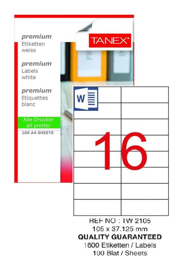Bilgisayar Etiketi Tw-2105 105x37,125 mm 100 Lü Lazer Etiket 1 Paket Tanex Davetiye Kargo Koli Kutu Etiketi