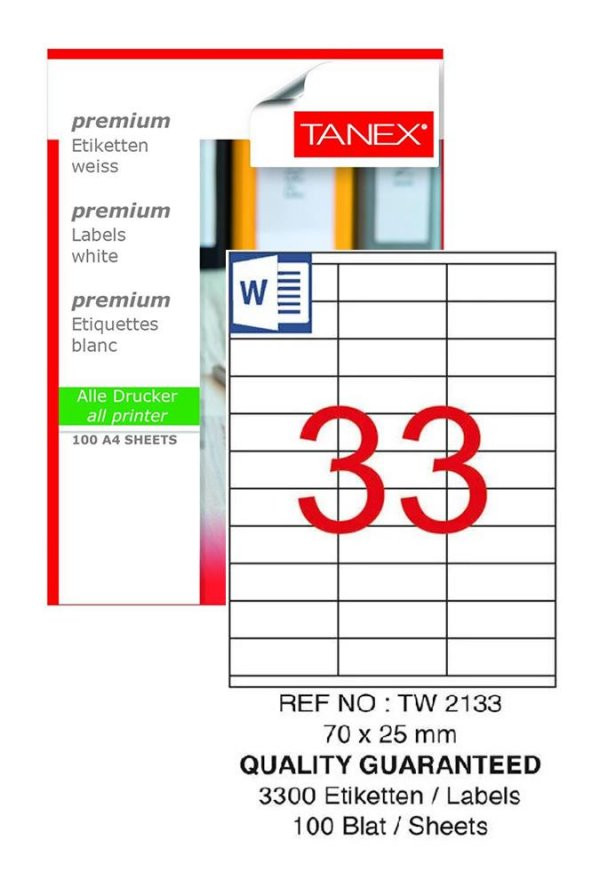 Bilgisayar Etiketi Tw-2133 70x25 mm 100 Lü Lazer Etiket 1 Paket Tanex Davetiye Kargo Koli Kutu Etiketi