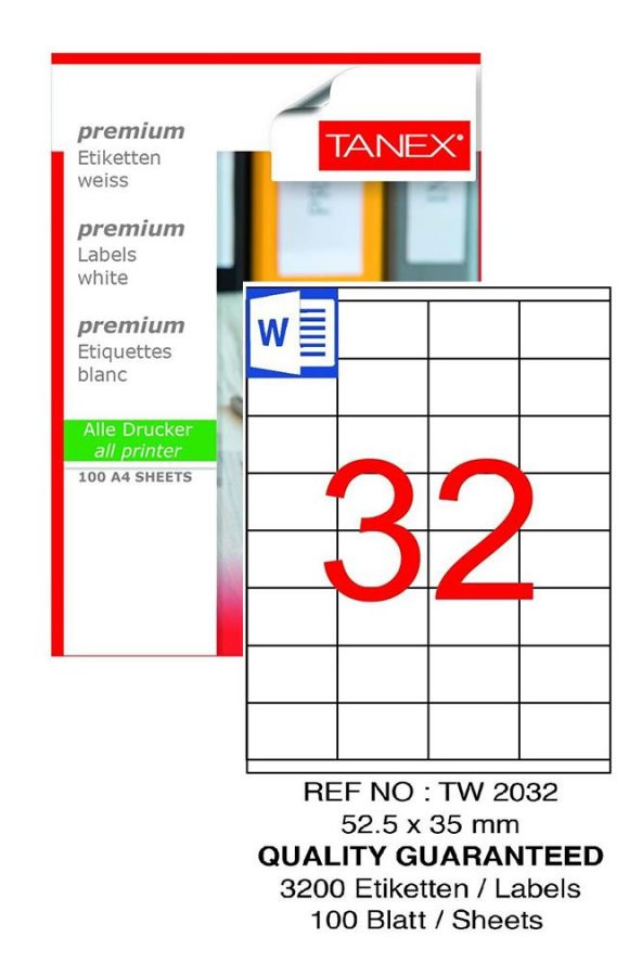 Bilgisayar Etiketi Tw-2032 52,5x35 mm 100 Lü Lazer Etiket 1 Paket Tanex Davetiye Kargo Koli Kutu Etiketi