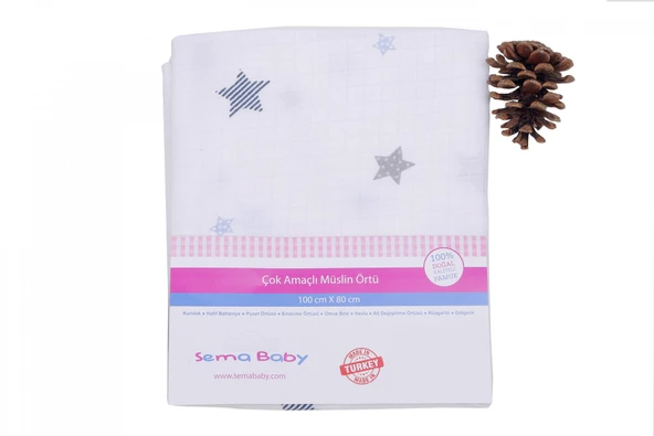 Sema Bebe Sema Baby Çok Amaçlı Müslin Örtü 100x80 cm - Mavi Yıldız 8682476853131 - 2