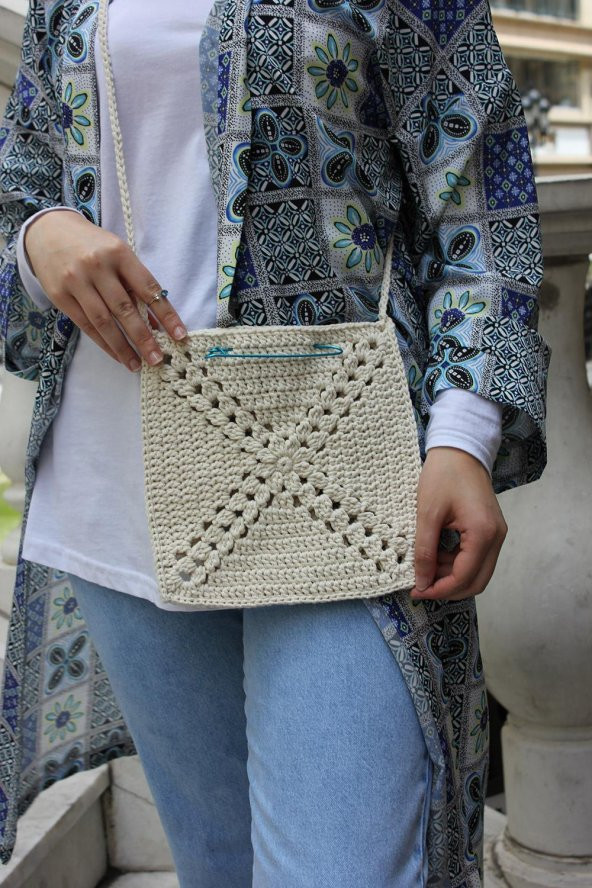 El Örgüsü Mavi iğne Detaylı Askılı Çanta - 2