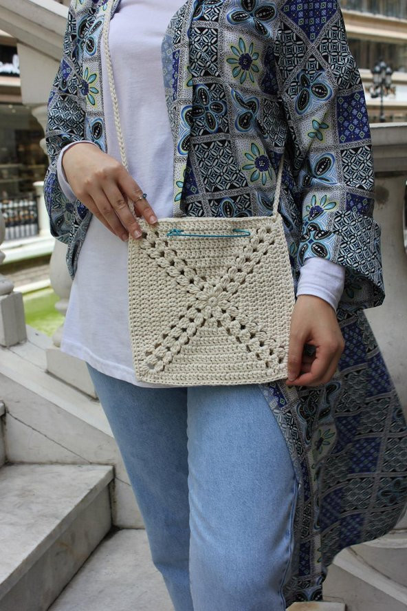 El Örgüsü Mavi iğne Detaylı Askılı Çanta - 4