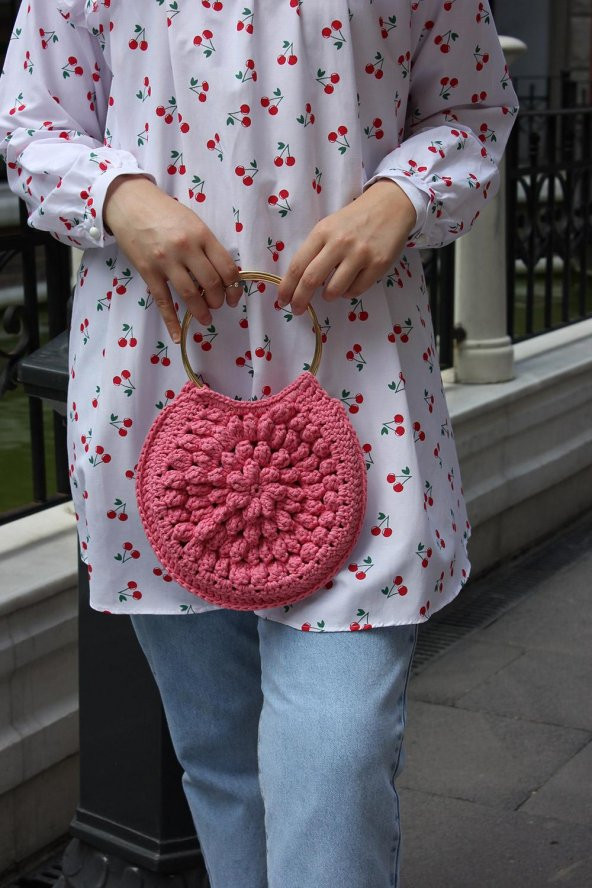 El Örgüsü Yuvarlak Metal Saplı Pembe Çanta - 2