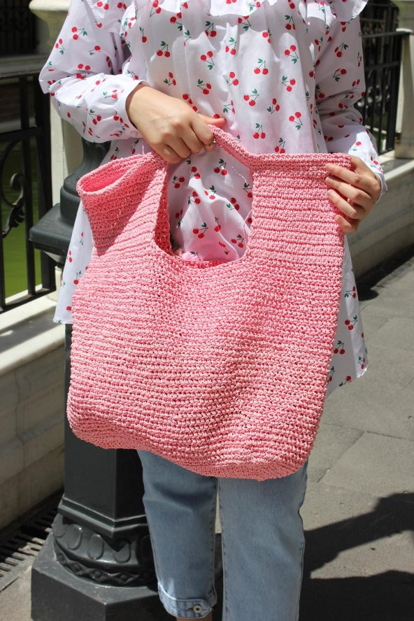 El örgüsü Yumuşak Kağıt İp Pembe Çanta