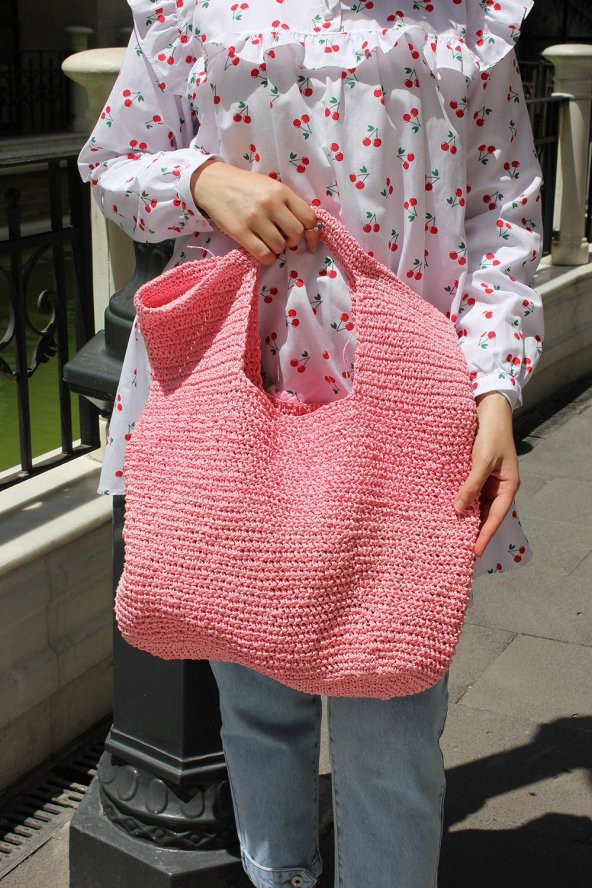 El örgüsü Yumuşak Kağıt İp Pembe Çanta - 2