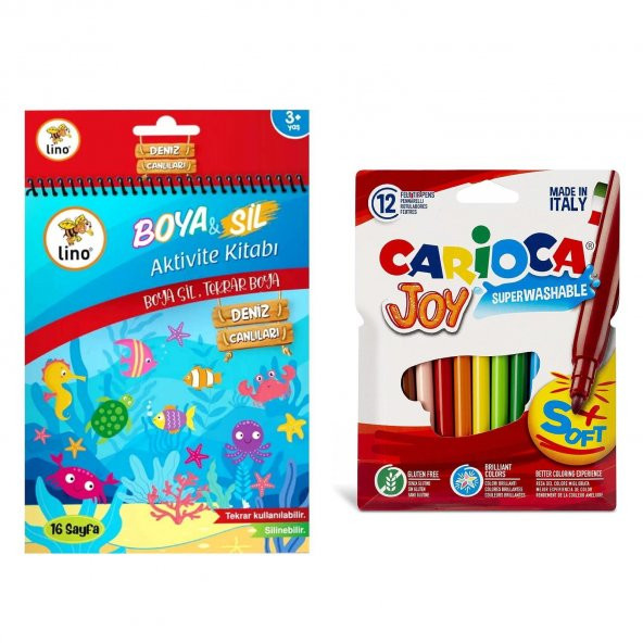 Lino A5 16 Sayfa Boya&Sil Aktivite Kitabı- Deniz Canlıları ve Carioca Joy Yıkanabilir Keçeli Kalem 12 Renk