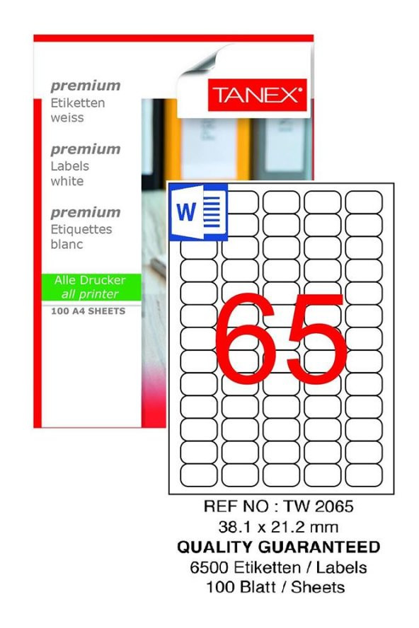 Bilgisayar Etiketi Tw-2065 38,1x21,2 mm 100 Lü Lazer Etiket 1 Paket Tanex Davetiye Kargo Koli Kutu Etiketi
