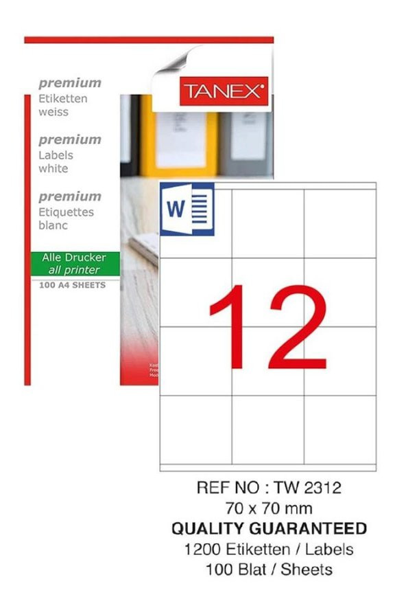 Bilgisayar Etiketi Tw-2312 70x70 mm 100 Lü Lazer Etiket 1 Paket Tanex Davetiye Kargo Koli Kutu Etiketi