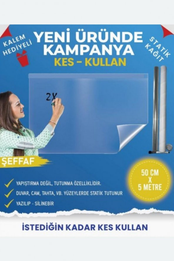 Kes Kullan Akıllı Kağıt - 5 Metre Şeffaf, Statik Tutunma Ve Kağıt Tutucu Özellikli, Yazı Tahtası