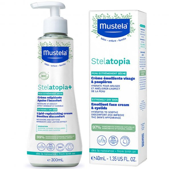 Mustela Stelatopia Lipit Yenileyici Krem 300 ml + Stelatopia Emollient Face Cream Yüz Kremi 40 ml