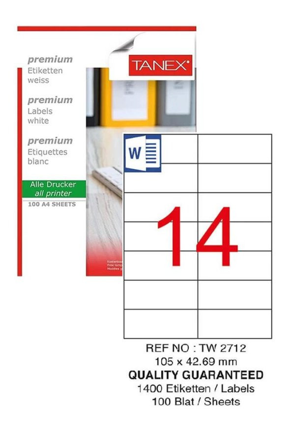 Bilgisayar Etiketi Tw-2712 105x42,69 mm 100 Lü Lazer Etiket 1 Paket Tanex Davetiye Kargo Koli Kutu Etiketi