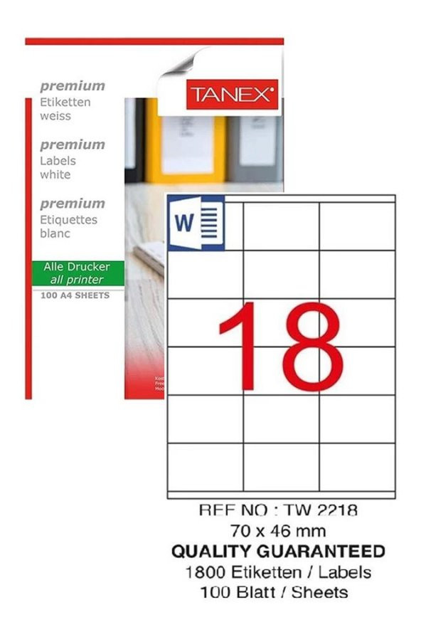 Bilgisayar Etiketi Tw-2218 70x46 mm 100 Lü Lazer Etiket 1 Paket Tanex Davetiye Kargo Koli Kutu Etiketi