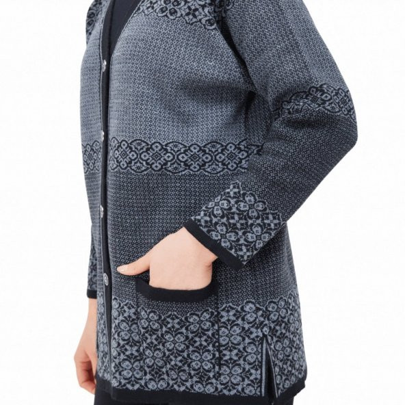 Fresh&Moda Kadın Siyah Gri Desenli Düğmeli Triko Cepli Kışlık Anne Hırkası - 4