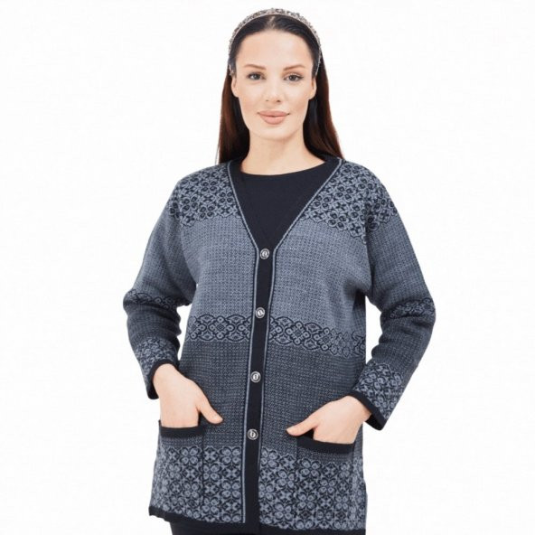 Fresh&Moda Kadın Siyah Gri Desenli Düğmeli Triko Cepli Kışlık Anne Hırkası - 5