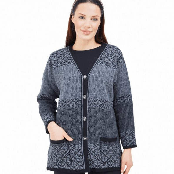 Fresh&Moda Kadın Siyah Gri Desenli Düğmeli Triko Cepli Kışlık Anne Hırkası