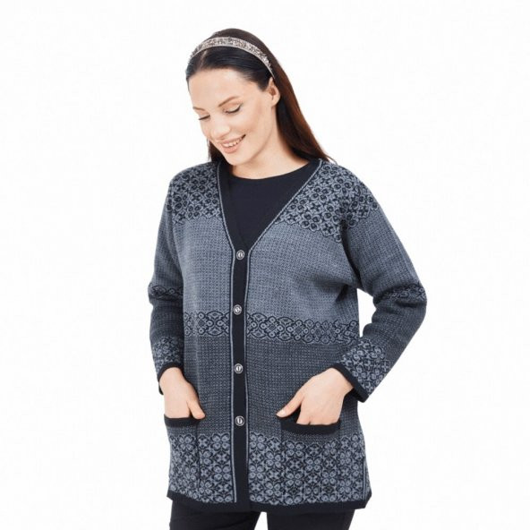 Fresh&Moda Kadın Siyah Gri Desenli Düğmeli Triko Cepli Kışlık Anne Hırkası - 2