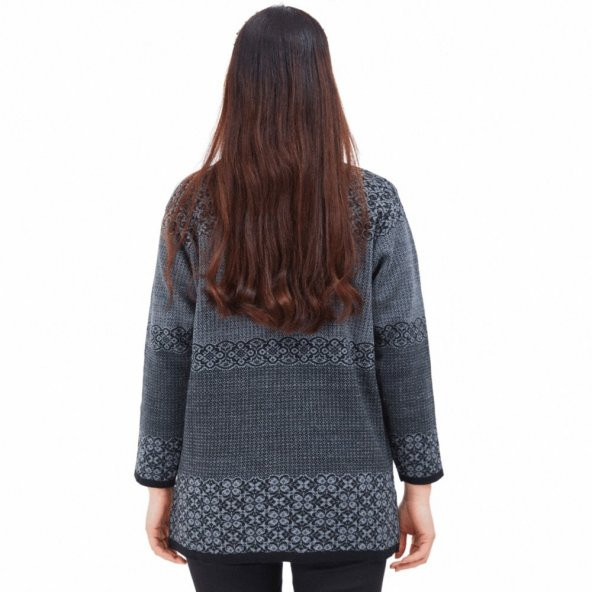 Fresh&Moda Kadın Siyah Gri Desenli Düğmeli Triko Cepli Kışlık Anne Hırkası - 3