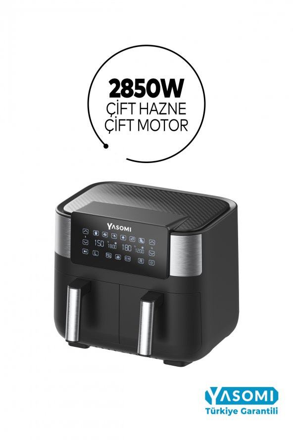 Yasomi Y80 Siyah 8 Litre 2850W Çift Hazneli Ve Çift Motorlu Dokunmatik Airfryer Fritöz