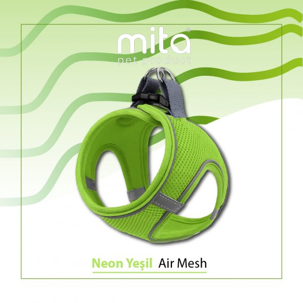 Mita Air Mesh Kedi Köpek Göğüs Tasması Çift Reflektörlü, Terletmeyen Neon Yeşil / Neon Green