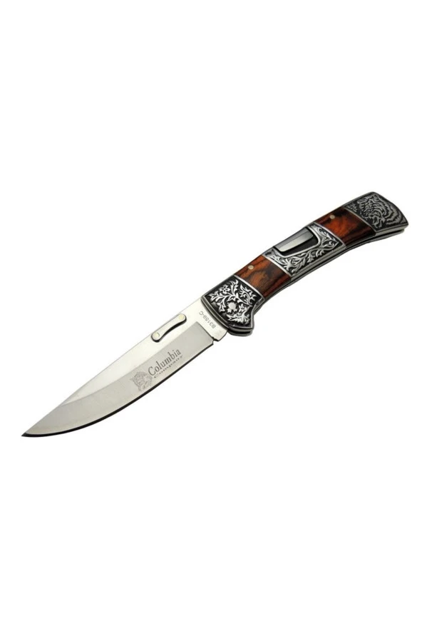 Columbia B3159 A Kahverengi Av / Kamp Çakısı 22cm- Gül Ağacı Sap, Kaplan Işlemeli, Kemerlikli