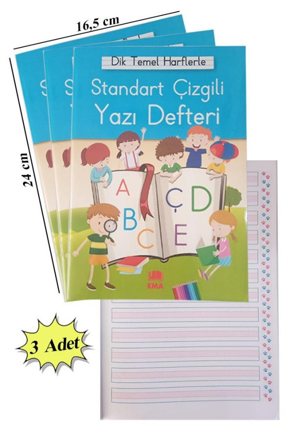 Güzel Yazı Defteri Orta Boy 16,5x24 cm 24 Yaprak 3 Adet Standart Çizgili Yazı Defteri Dik Temel Harflerle 1. Sınıf