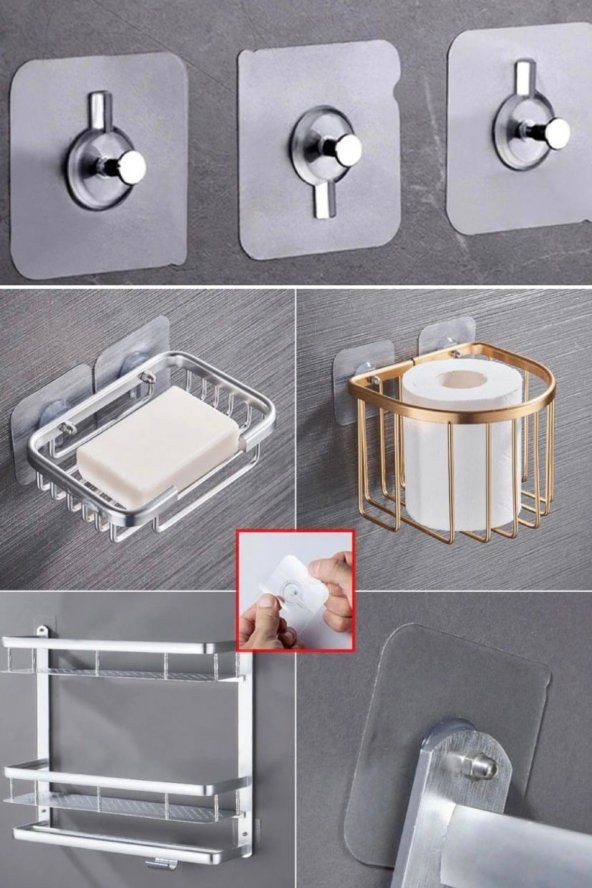 5 Adet Kendinden Yapışkanlı Duvar Kancaları Şeffaf Raf Duvar Askıları Mutfak Banyo Vida Kanca Çivi - 7
