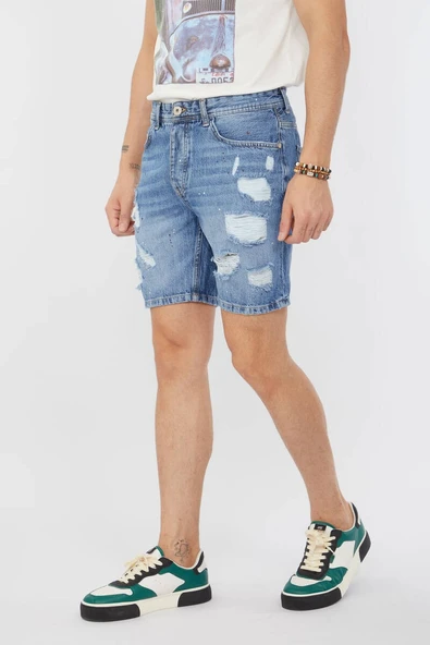 Erkek Boyalı Yırtık Jean Şort Mavi - 2