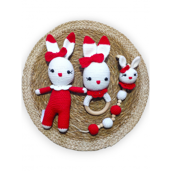 Amigurumi Kırmızı Hediyelik Tavşan,Emzik Zinciri,Çıngırak Uyku Arkadaşı Set