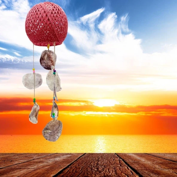 Rüzgar Çanı Jüt ip Hasır Top Kafesli Lamba Başlığı Kırmızı Sedefli - Resim 5