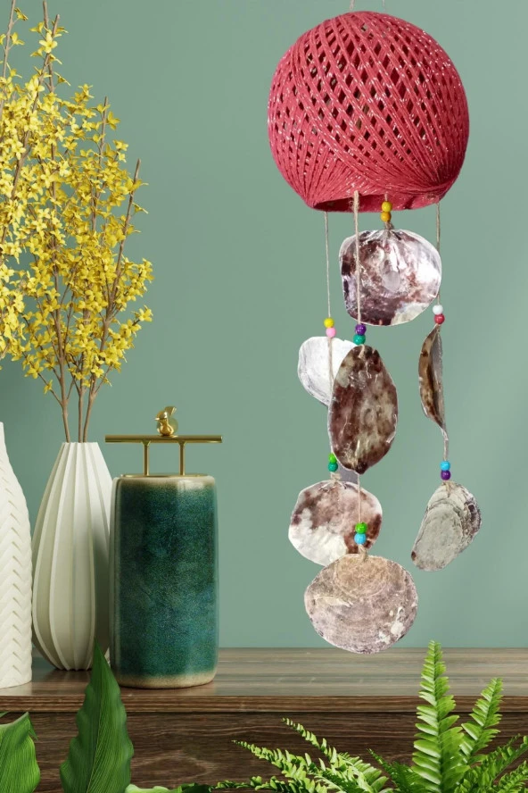 Rüzgar Çanı Jüt ip Hasır Top Kafesli Lamba Başlığı Kırmızı Sedefli - Resim 6