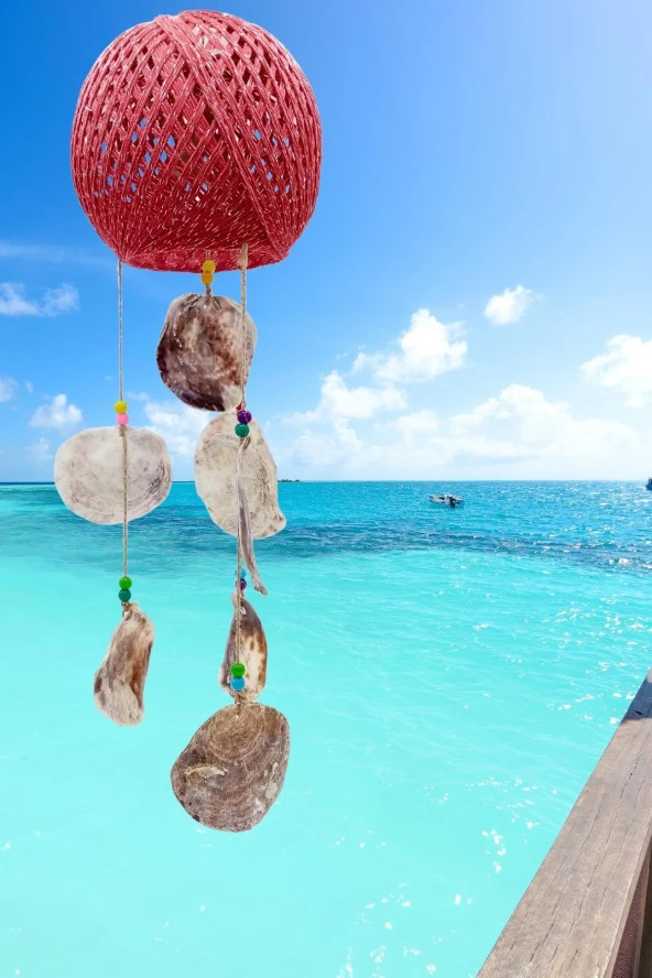 Rüzgar Çanı Jüt ip Hasır Top Kafesli Lamba Başlığı Kırmızı Sedefli - Resim 7