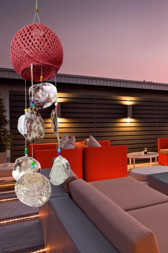 Rüzgar Çanı Jüt ip Hasır Top Kafesli Lamba Başlığı Kırmızı Sedefli - Resim 9