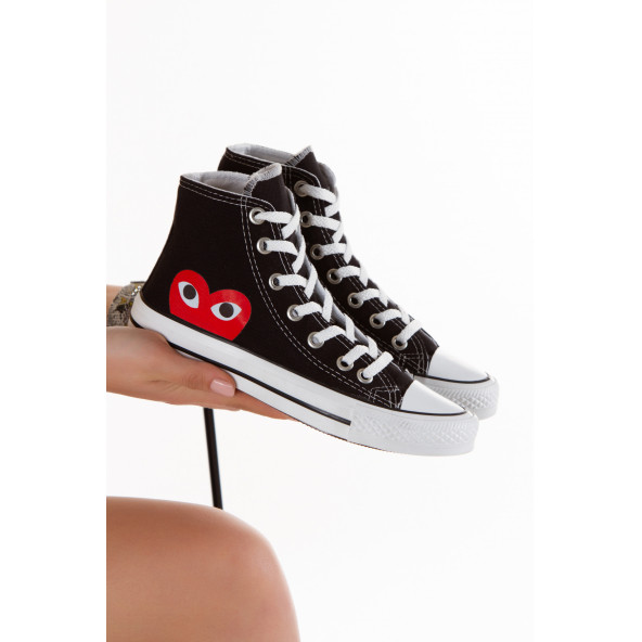 Unisex Siyah Beyaz Spor Ayakkabı Convers Uzun Bilekli Sneaker - 3
