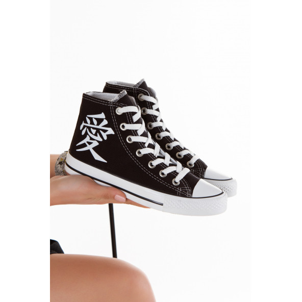 Unisex Siyah Beyaz Spor Ayakkabı Convers Uzun Bilekli Sneaker - 4