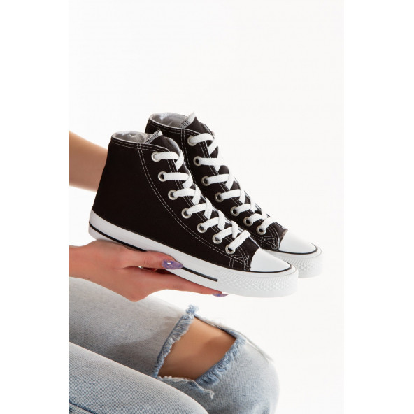 Unisex Siyah Beyaz Spor Ayakkabı Convers Uzun Bilekli Sneaker - 6