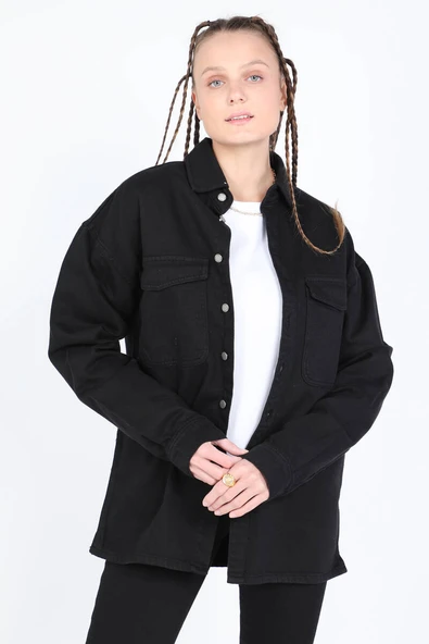Kadın Oversize Jean Gömlek Siyah - 4