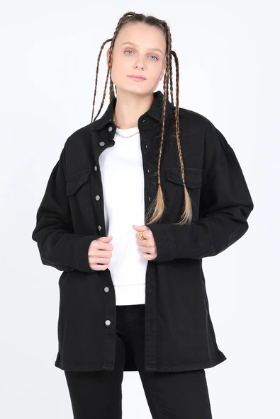 Kadın Oversize Jean Gömlek Siyah - 5