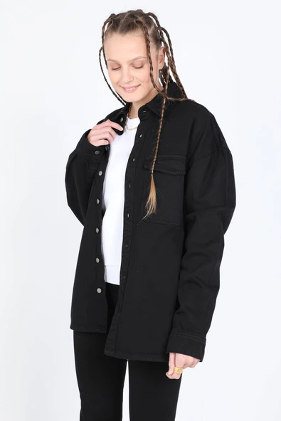 Kadın Oversize Jean Gömlek Siyah - 6