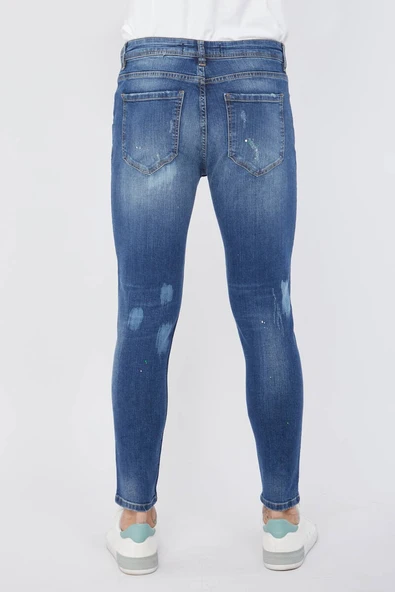 Erkek Skinny Fit Yırtık Detaylı Jean Koyu Mavi - 3