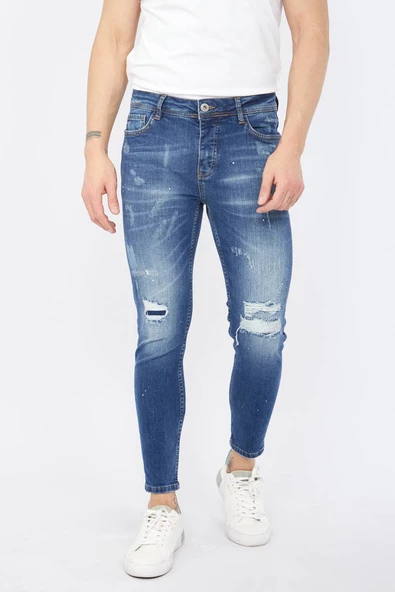 Erkek Skinny Fit Yırtık Detaylı Jean Koyu Mavi