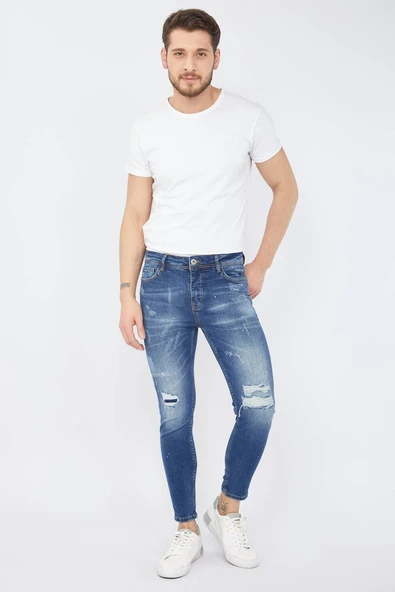 Erkek Skinny Fit Yırtık Detaylı Jean Koyu Mavi - 4