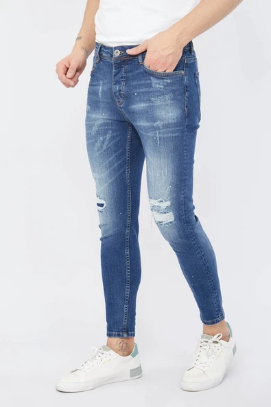 Erkek Skinny Fit Yırtık Detaylı Jean Koyu Mavi - 2