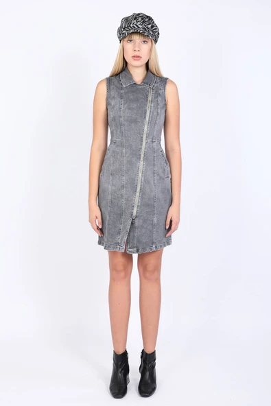 Kadın Gri Fermuarlı Jean Elbise - 6