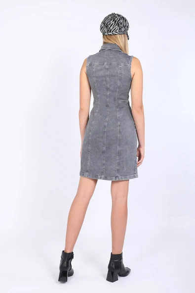 Kadın Gri Fermuarlı Jean Elbise - 5