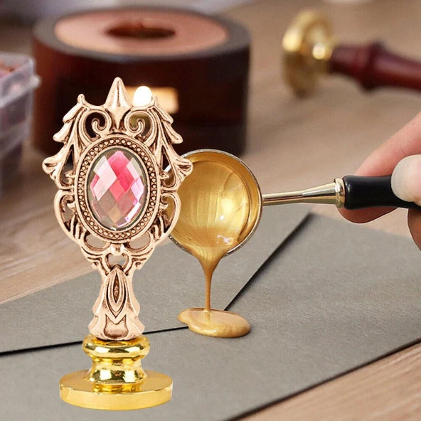 Kraliyet Pembe Taşlı Döküm Metal Mum Mühürü Sapı Rose Gold - Resim 6