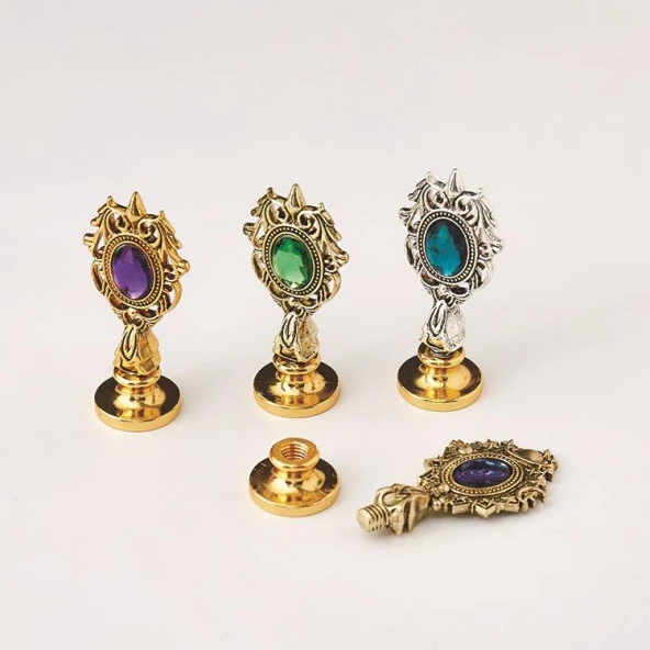 Kraliyet Mor Taşlı Döküm Metal Mum Mühürü Sapı Antik Gold - Resim 6