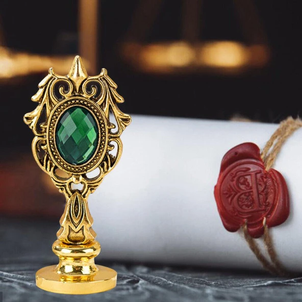 Kraliyet Yeşil Taşlı Döküm Metal Mum Mühürü Sapı Gold 1 - Resim 4