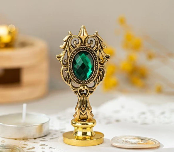 Kraliyet Yeşil Taşlı Döküm Metal Mum Mühürü Sapı Gold 1 - Resim 8