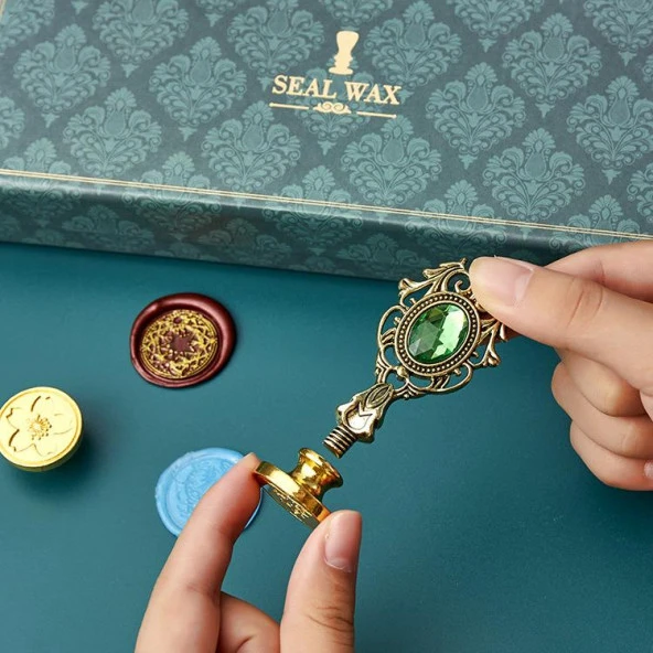 Kraliyet Yeşil Taşlı Döküm Metal Mum Mühürü Sapı Gold 1 - Resim 11